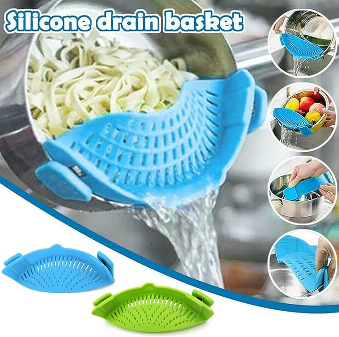 Clip-on Kitchen Food Strainer for Spaghetti, Pasta, Meat, Fruits, Vegetables. Silicone Kitchen Food Strainer for Pots & Bowls