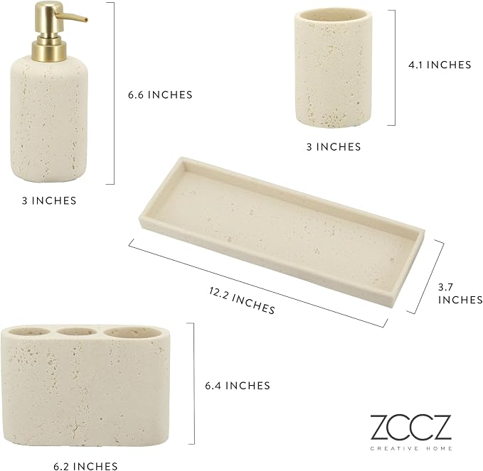 ZCCZ -Beige Bathroom Accessories Set 4 Pcs - Toothbrush Holder, Soap Dispenser, Vanity Tray, Bathroom Tumbler - Countertop Vanity Organizer - Bathroom Accessory Set- Toothbrush Holder Set, Stone Sets