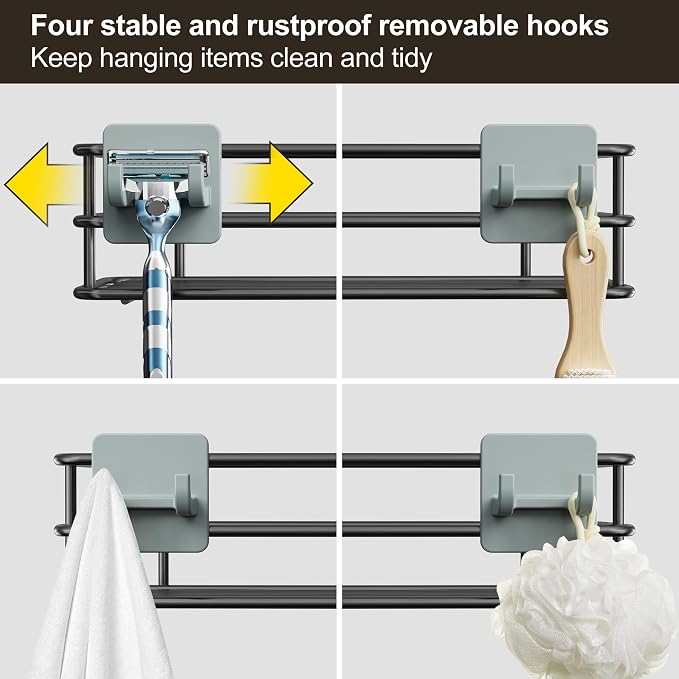 Orimade 4 Tier Adjustable Anti-slip Shower Caddy over Shower Head,Rustproof Bathroom Hanging shower Organizer with 4 Hooks for Razor,No Drilling Shower shelves Storage Rack,Grey