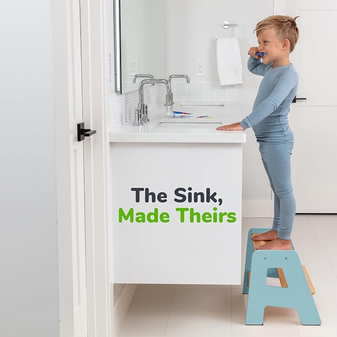 OCODILE 2-Step Wooden Step Stool for Toddlers | Kids Stool for Bathroom Sink & Kitchen Use | Non-Slip Step | Wooden Stool for Children Ages 2+ Years Blue