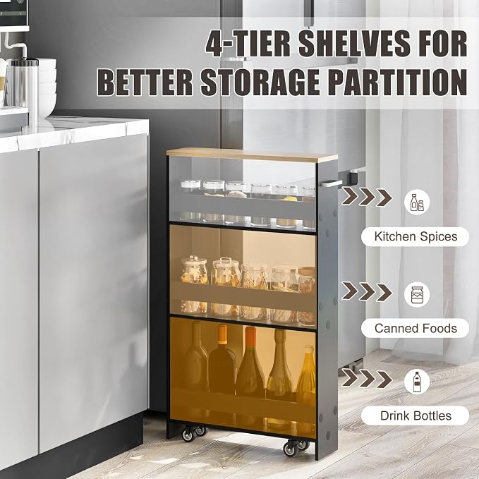 Giantex 4 Tier Rolling Slim Storage Cart, 5" Narrow Slide Out Kitchen Cart w/Handle & Open Shelves, Space-Saving Compact Mobile Utility Trolley for Small Space Laundry Room (Black & Natural)