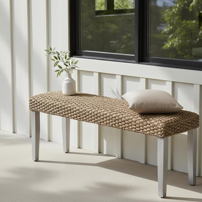 Solid Wood Acacia Indoor Bench with Natural Woven Water Hyacinth Seat, Wood Bench for Living Room or Entryway, Vintage Bench, Fishbone Style, Plait Style with Grey Leg