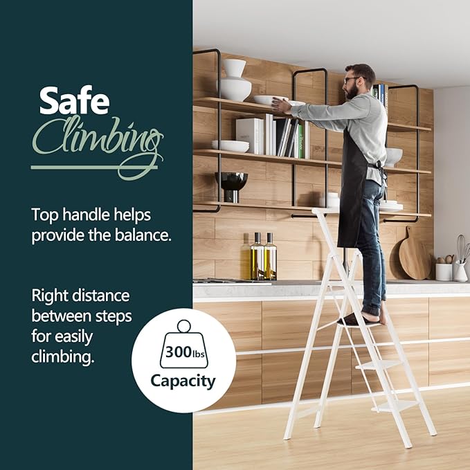 WOA WOA 4 Step Ladder, Ladders for Home, Anti-Slip Aluminum Pedals, Step Stool Foldable, Lightweight to Move, Ease of Storage, Reach 9ft for Closet Kitchen Library, Hold 300lbs - White