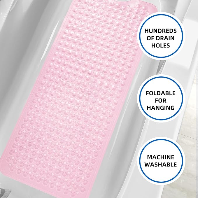 MOONFLY Shower and Bathtub Mat,40x16 Inches,Extra Long Non Slip Mats with Suction Cups and Drain Holes, Machine Washable and Anti Slip Bathmats, Bathroom Mats for Tub Nonslip (Clear Pink)