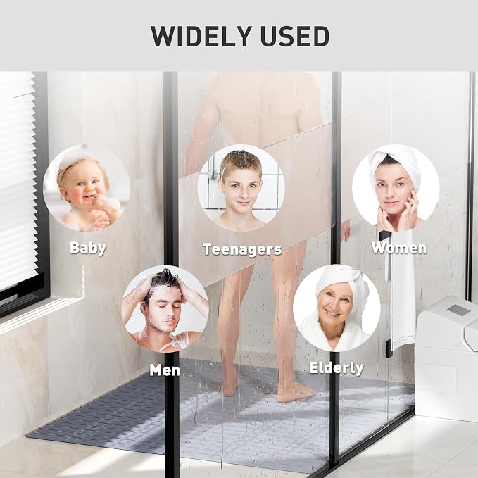 XIYUNTE Rubber Bath Mat for Tub Non Slip, 36 x 16 inches Bathtub Mat Non Slip Shower Mats for Inside Shower, Safety Anti Slip Shower Mat with Suction Cups, Easy to Cut Bath Tub Mat, Ink Gray