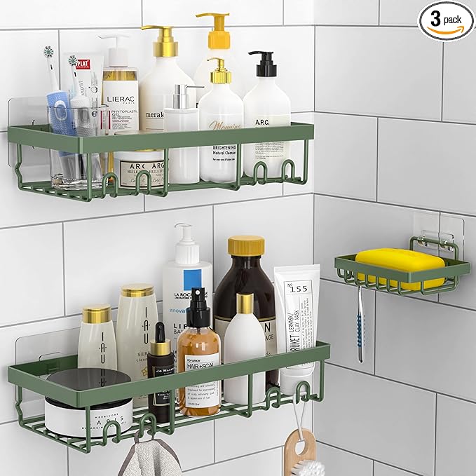 Moforoco 3-Pack Shower Caddy Basket Shelf with Soap Holder, No Drilling Traceless Adhesive Shower Wall Shelves, Rustproof Sage Green Bathroom Shower Storage Organizer