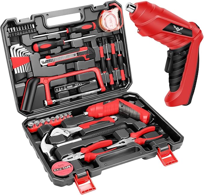 Tool Set with 3.6V USB Electric Screwdriver, Portable Tool Set with Storage Case, Complete Hand Tools for Apartment, Office & Daily DIY Repairs, for Men & Women