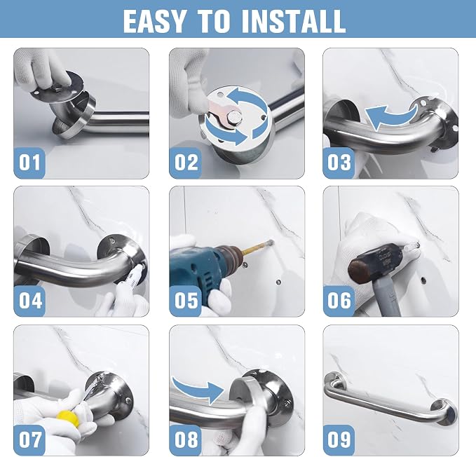 12 Inch Shower Grab Bar for Seniors & Elderly, Heavy Duty 304 Stainless Steel Anti-Slip Bathroom Safety Handicap Grab Bar for Shower, Bathtub & Toilet, Wall Mounted, Supports 500lbs