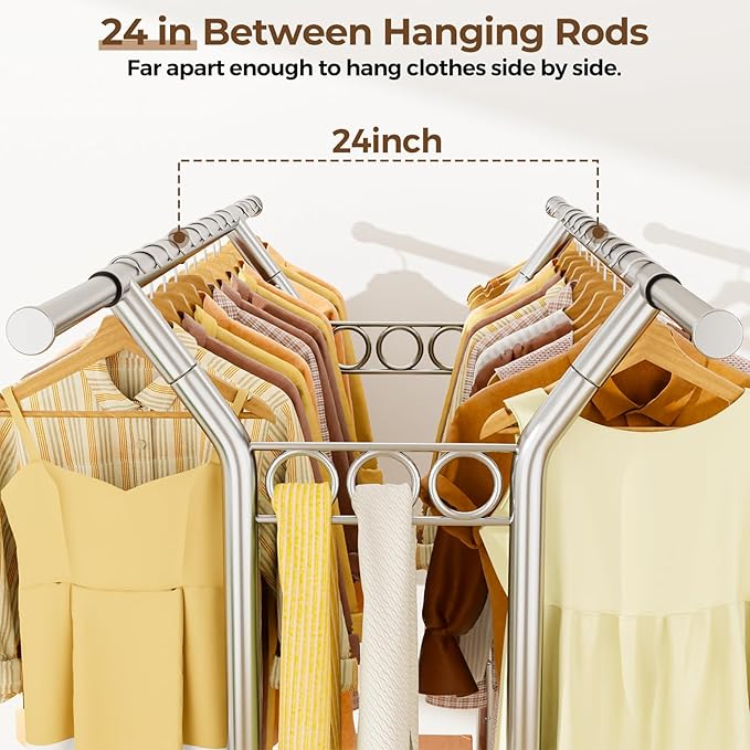 HYSEYY Heavy Duty Clothes Rack, Rolling Clothing Rack With Shelves Load 620 LBS, Double Rod Clothing Racks for Hanging Clothes, Portable& Adjustable Clothes Rack with Wheels Garment Rack