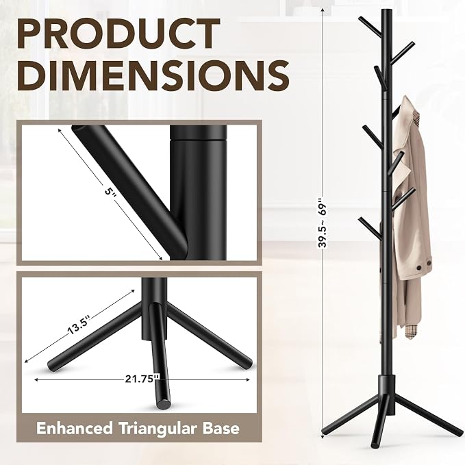 Hupmad Wooden Tree Coat Rack Stand,Sturdy Freestanding Coat Rack with 8 Hooks,3 Adjustable Height for Child Adult,Wood Coat Stand Tree Fits Entryway Bedroom Office for Bags,Hats, 2 Pack