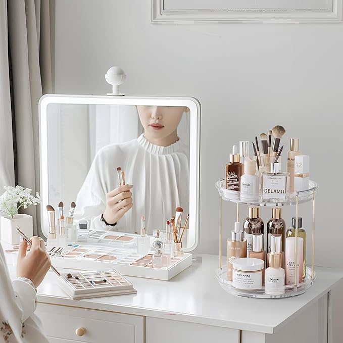 Delamu Rotating Makeup Organizer for Vanity, 2 Tier Bathroom Counter Organizer with Stackable Design, Spinning Skincare Organizer for Bathroom Countertop, Perfume Cosmetic Storage, Clear