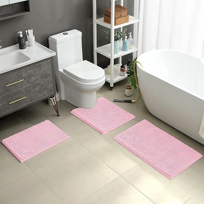 HOMEIDEAS 3 Pieces Bathroom Rugs, Ultra Soft Non Slip Absorbent Chenille Toilet Bath Mat Set (Light Pink)