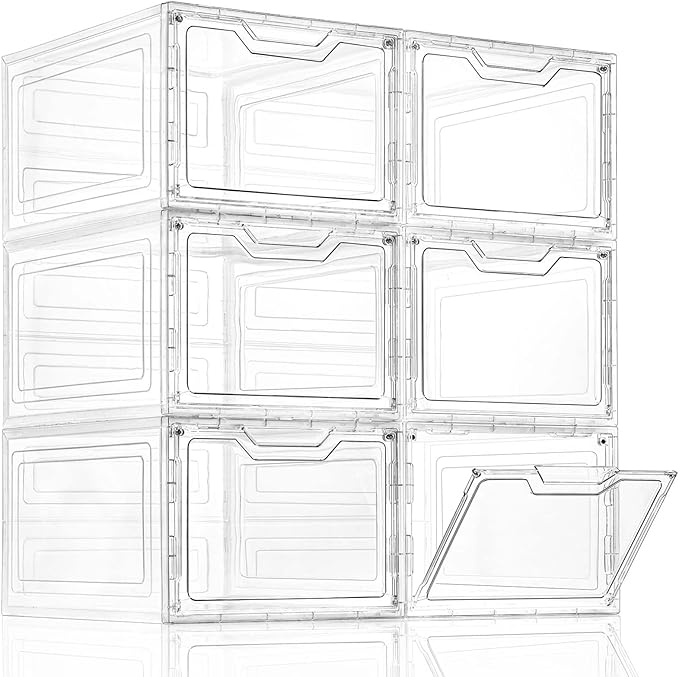 Freebat 6 Pack Closet Organizers and Storage,Clear Stackable Plastic Storage Bins with Lids Magnetic Doors,Clothes Organizers and Storage,Plastic Craft Containers for Wardrobe Kitchen Bathroom Office