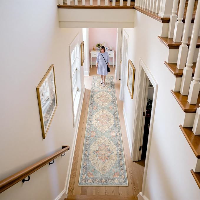 RELEANY Area Rugs Runner 2'x10' Washable Non-Slip, Floral Vintage Distress Medallion Carpet for Kitchen Hallway Bedroom Beside Laundry Room Bathroom, Blue Orange Red