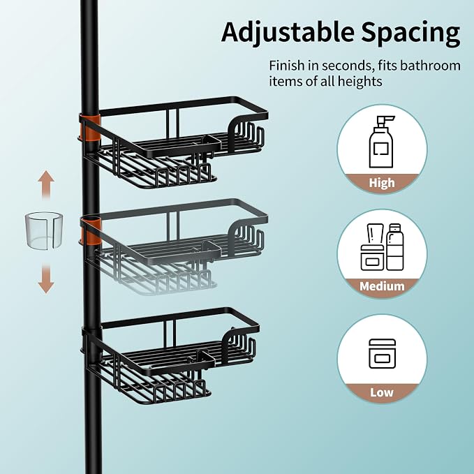 KEGII Shower Caddy Tension Pole, with 2-in-1 Soap Holders x 2 & 32 Hooks, Stainless Steel Adjustable Corner Shower Organizer for Bathroom, 25–114.2 Inches, Black