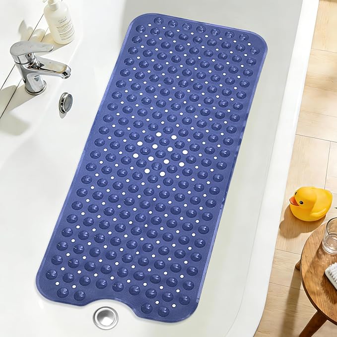 Extra Long Bathtub Mat Non Slip, Navy Blue Soft Bath Mat for Tub 40 x 16 Inch Full Size, Bath Tub Shower Mats for Bathroom Floor, Big Suction Cups and Drain Holes, Easy Washable, BPA Free