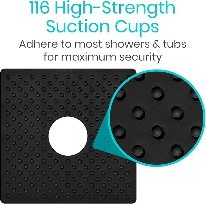 Vive Shower Mat - 22" by 22" Square Non Slip Large Bath Mat for Bathtub - Patented Design - Suction Cup Traction Skid Pad for Stalls Floors Tub - Textured Rubber with Drain Hole