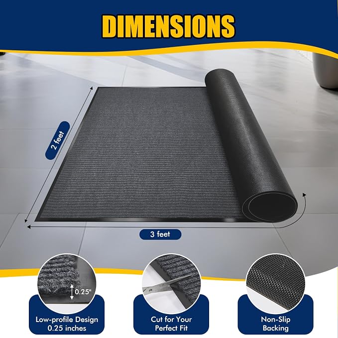 Indoor/Outdoor Entrance Mat - 2 x 3 Feet, Rubber Border Door Mat Heavy Duty, Waterproof, Low-Profile, Easy to Clean, Rubber Entry Mat, Commercial Floor Mat, Charcoal Grey