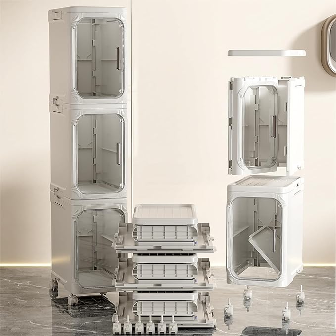 JOYZAN Narrow Bathroom Storage Cabinet with Movable Wheels, Slim Storage Cabinet with 3 Doors & Removable Panel, Skinny Bathroom Organizers and Storage for Small Space, Corner, Kitchen, Laundry