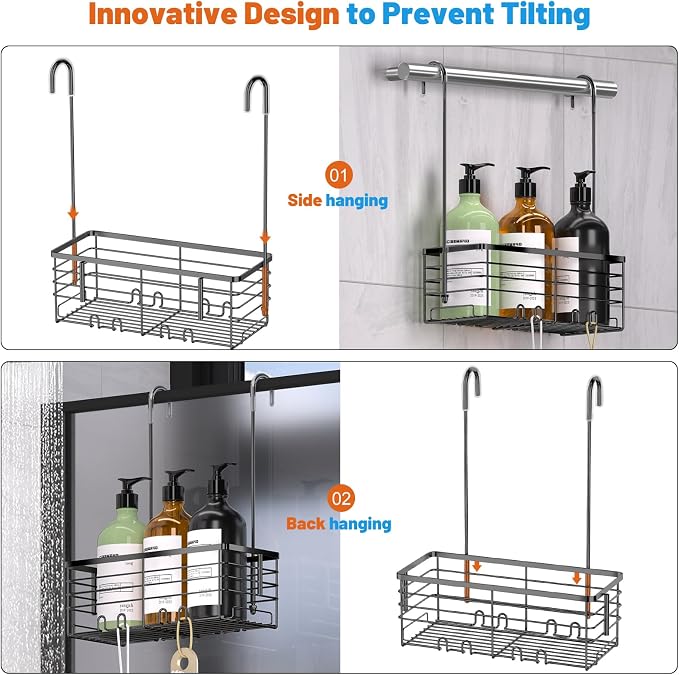 YUOROS Hanging Shower Caddy, Over the Door Shower Organizer Rack 304 Stainless Steel Rustproof Bathroom Storage Shampoo Holder Basket (Black)