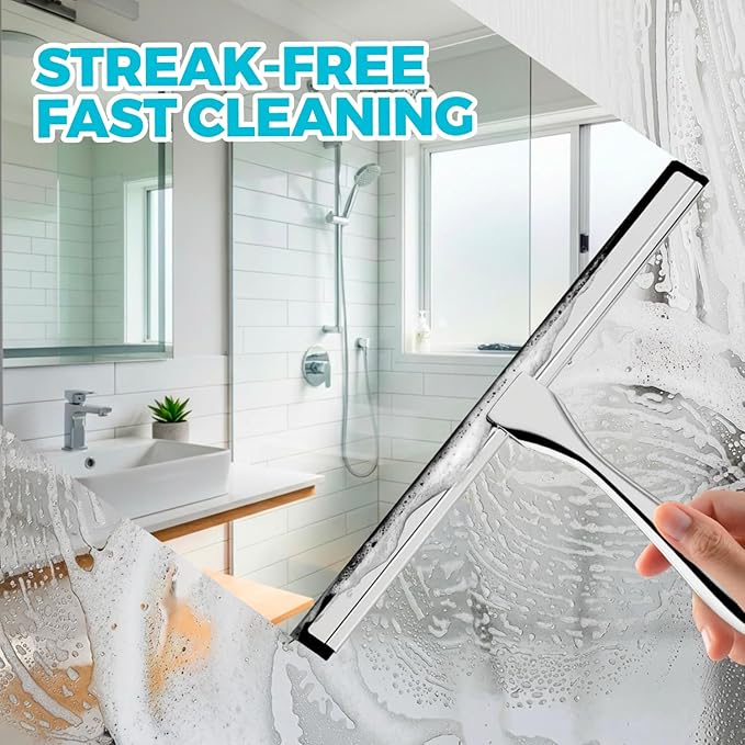 ALFLOD 2PACK 12-Inch All-Purpose Shower Squeegee for Shower Doors, Tile Shower Walls, Bathroom, Window, Glass and Car Windshield, Mirrors and Kitchen-Stainless Steel, Multitools, Silver