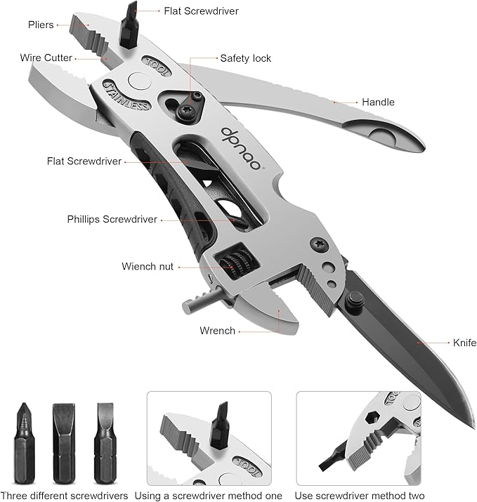 Multitool Wrench adjustable tool/5-in-1 stainless steel multifunctional pocket tool/cross wrench/screwdriver/pliers/portable folding knife with protective cover,outdoor camping,men's Christmas gift