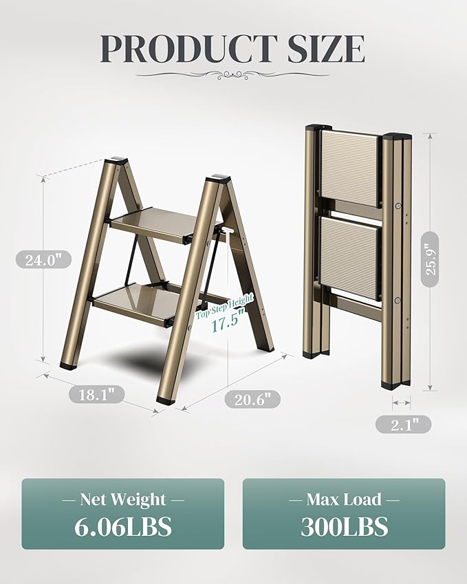 2 Step Ladder, Folding Step Stool with Wider Pedal, Anti-Slip Feet & Non Slip Stripes, Aluminum Sturdy Material, 300Lbs Capacity, Elegant Look of Champagne Gold Better Matches Your Home