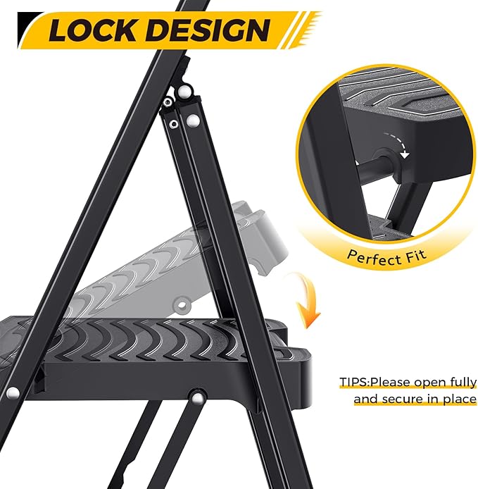 KINGRACK 2 Step Folding Ladder - Steel Step Stool with Handrail, Wide Pedal, 800 lbs Capacity – Foldable Heavy Duty Ladder for Home, Kitchen – Black