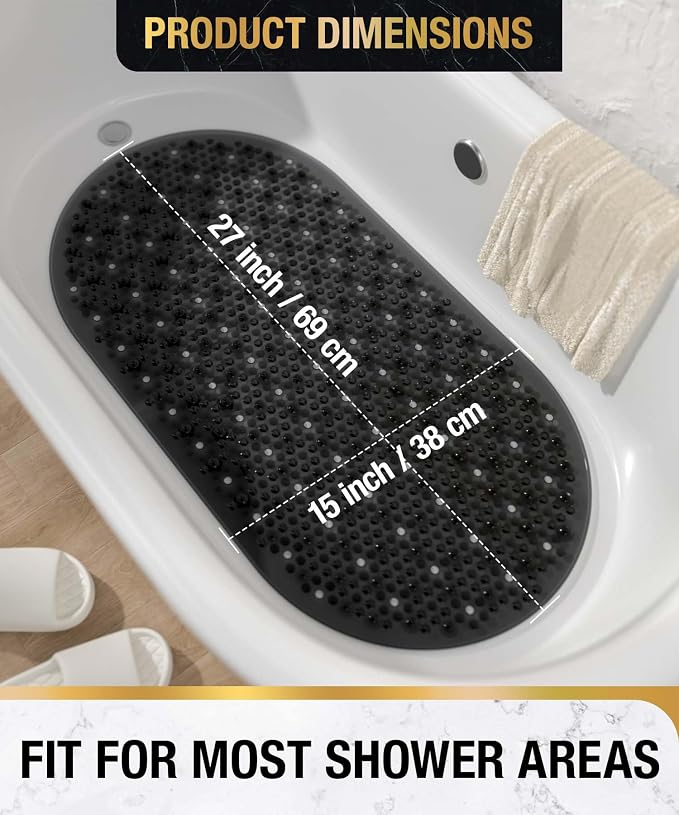 HITSLAM Non Slip Bathtub Mat, 27x15 Inch Bath Mat for Tub with Suction Cups and Drainage Holes, Machine Washable Oval Shower Mat for Kids, Seniors and Daily Use, Phthalate Free PVC, Black