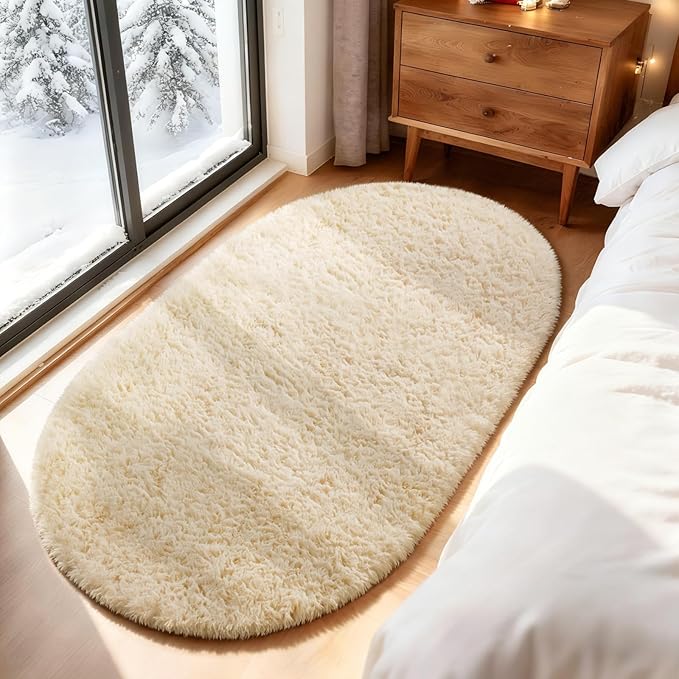 Ophanie 4x6 Oval Beige Rugs for Bedroom Living Room, Fluffy Fuzzy Furry Carpet, Plush Soft Shaggy Bedside Indoor Floor Area Rug for Kids Girls Boys Baby Teen Dorm Nursery Home Decor Aesthetic