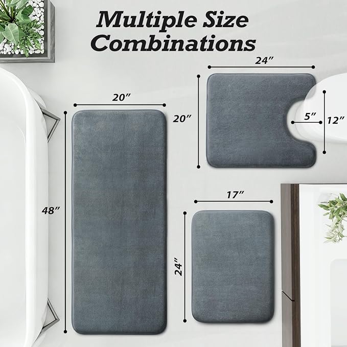 HUXMEYSON Bathroom Rugs Sets 3 Piece, Non-Slip & Quick Dry Bath Mat Set, Ultra Soft Velvet Bath Rugs for Bathroom, Toilet and Shower Floor, Grey