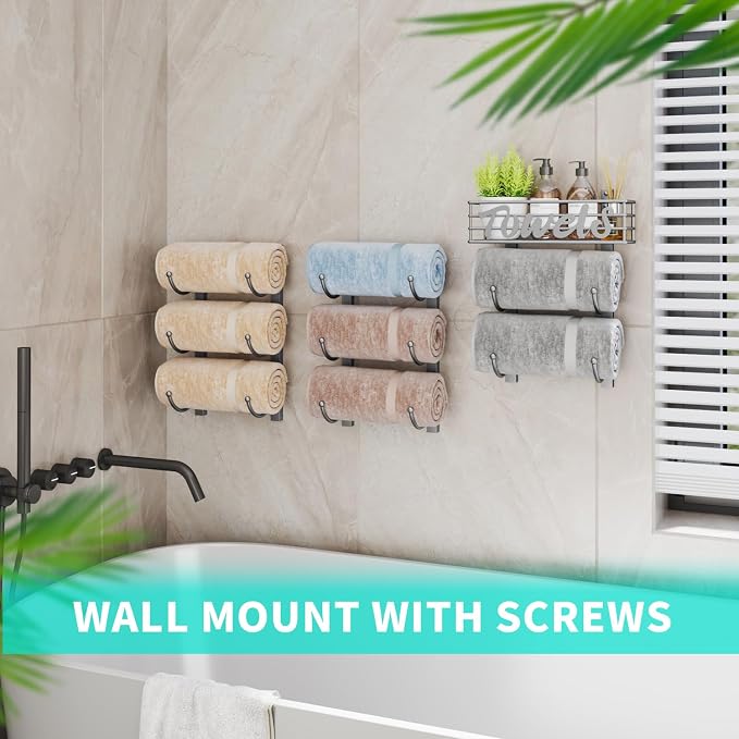 HapiRm Towel Racks for Bathroom Storage - 9 Tier Over The Door & Wall Mount Rolled Towel Storage Organizer Holder with Metal Shelf Basket for Small Bathroom, Camper, Rv - Sliver, Patented