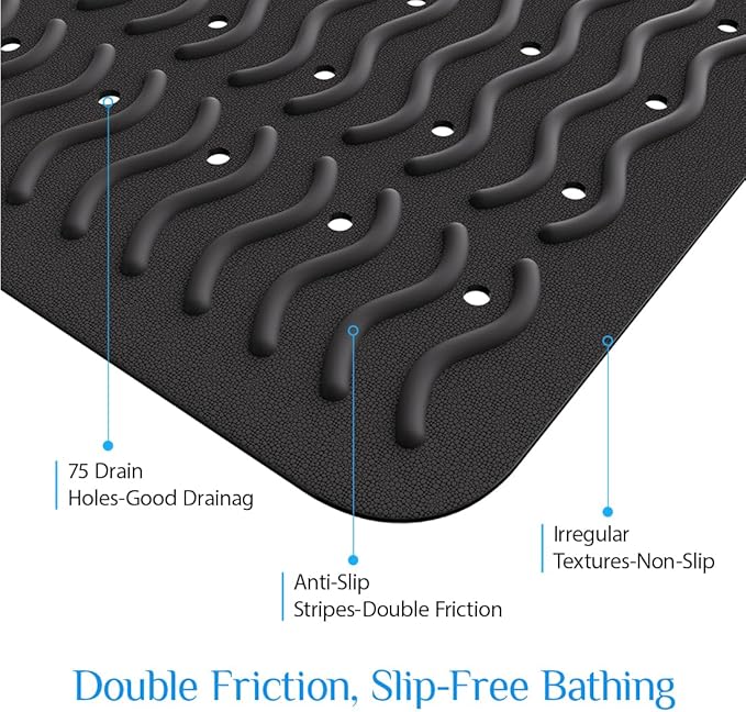 Non Slip Bathtub Mat & Shower Mat, 31x15'' Anti Slip Bath Mat for Tub, Soft TPE Anti-Skid Bathroom Mat with 194 Suction Cups & Drain Holes, Wave-Textured Grip, Machine Washable, Black