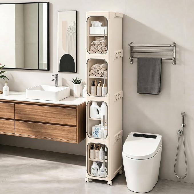 4-Tier Tall Narrow Slim Bathroom Storage Cabinet, Cream White | Tool Free Assembly, Adjustable shelves, Fits for Narrow Spaces, Lockable Wheels, Magnetic Clear Door