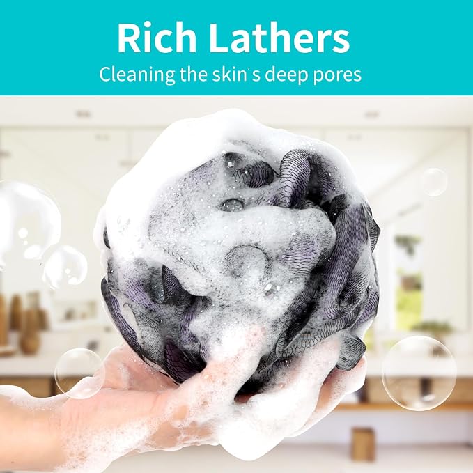 BCKENEY Bath Loofah Shower Sponge Body Back Scrubber Soft Mesh Shower Puffs Exfoliating Loofa for Women & Men Bath Accessories Cleaning Tool (Pack of 4 60G Loofah, Dark Elf)