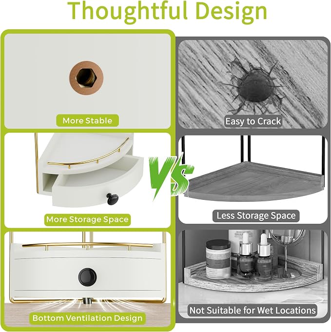 2-Tier Corner Bathroom Counter Organizer with Drawer & Embedded Screw Holes - Wooden Countertop Organizers for Skincare, Makeup Storage, Bathroom Sink Counter Shelf for Vanity, Kitchen, White Gold