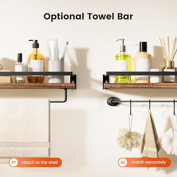 AMADA HOMEFURNISHING Bathroom Shelves with Towel Bar, Floating Shelves, Wall Shelves for Bathroom/Living Room/Kitchen/Bedroom, Rustic Brown, Set of 2 - AMFS01BN