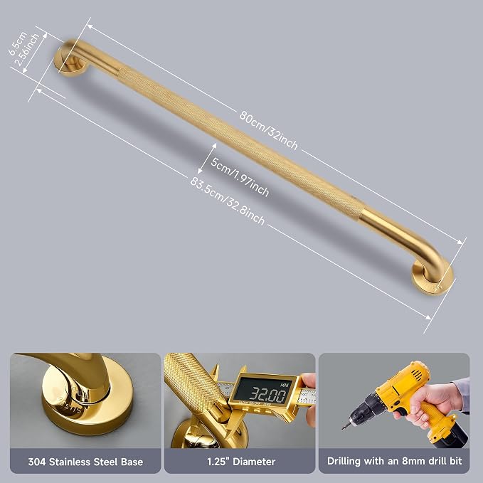 32 Inch Shower Grab Bar 1.25" Dia, 2 Pack Gold Anti Slip Bathroom Grab Bar, 304 Stainless Steel Knurled Handicap Grab Bars, Safety Support Handrail,Bath Shower Handle for Elderly Injury Senior