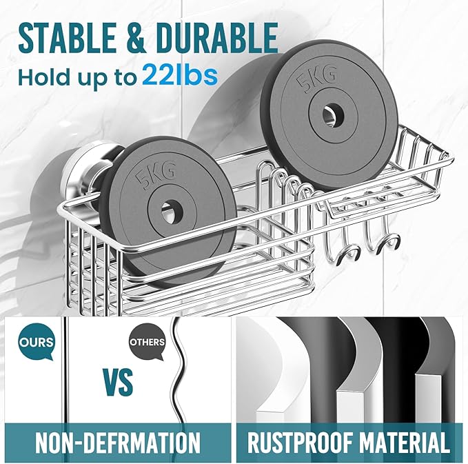 TAILI Shower Caddy Suction Cup 2 Pack with Hooks and Soap Holder, Heavy Duty Shower Organizer for Bathroom, No Drilling Silver Bathroom Suction Shelves-Silver