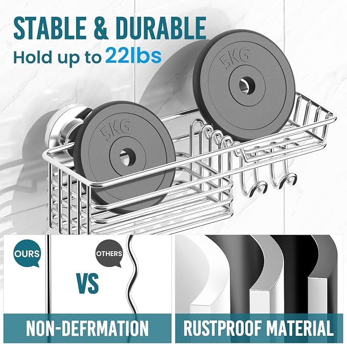 TAILI Shower Caddy Suction Cup with Hooks & Soap Holder, Heavy Duty Bathroom Shower Organizers, Removable Bathroom Shelves for Inside,Stainless Steel Bathroom Holder