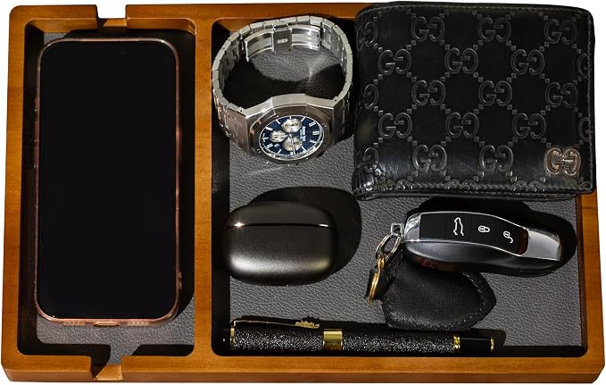 Shinpuru Wooden Valet Tray for Men, Nightstand Organizer with Leather Inlay, EDC Essentials Catchall Tray for Keys, Phone, Wallet, Watch, Earbuds - Bedside Desk Entryway Tray (Wood-Phone)