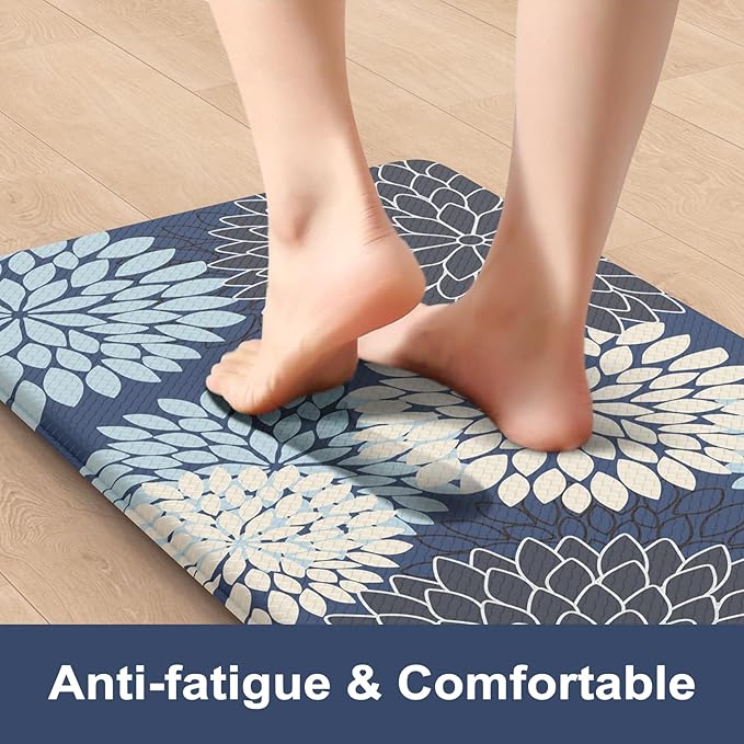 KIMODE Anti Fatigue Kitchen Mats for Floor, Boho Dahlia Floral Kitchen Rugs 24" x 59", Cushioned Mats for Kitchen Floor, Non Slip Kitchen Floor Mats, Sink, Laundry, Office,Blue Multi
