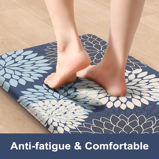 Anti Fatigue Kitchen Mats 2PCS,Boho Dahlia Kitchen Rugs Non Slip Rubber Backing,Farmhouse Waterproof Kitchen Mat for Floor,Cushioned Standing Mat for Kitchen,Sink,Desk,Mutil-Blue