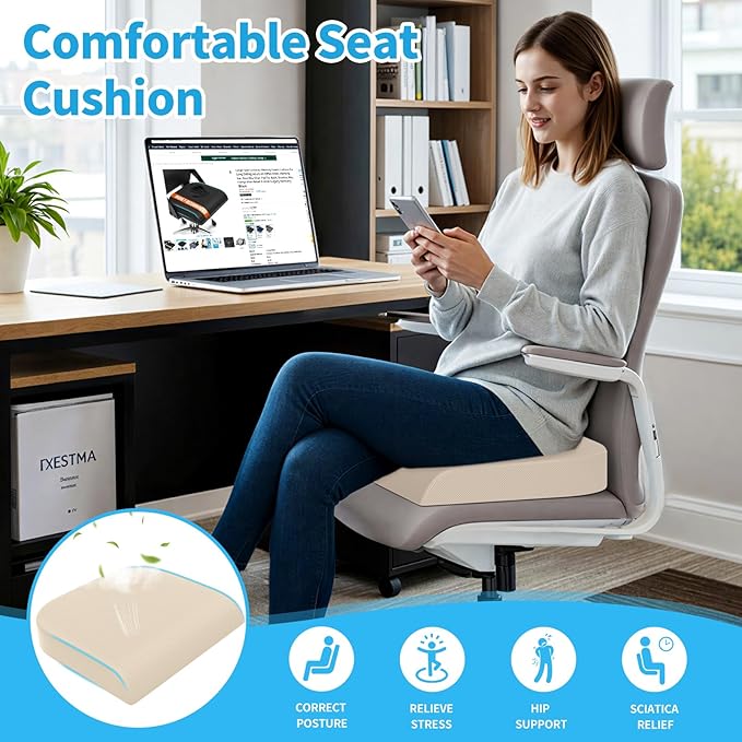 TranquilRelax Large Seat Cushion, Memory Foam Cushion for Long Sitting Hours on Office Chair, Home & Car, Non-Slip Chair Pad for Relieving Back & Sciatica & Hip & Coccyx Pain (Khaki)