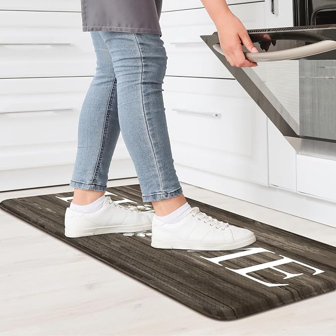 KIMODE Anti Fatigue Kitchen Mat for Floor, 17.3"x29" Farmhouse Kitchen Rug Non Slip, Cushioned Padded Kitchen Floor Mat, Comfort Waterproof Standing Mat for Laundry, Office, Sink, Desk Brown