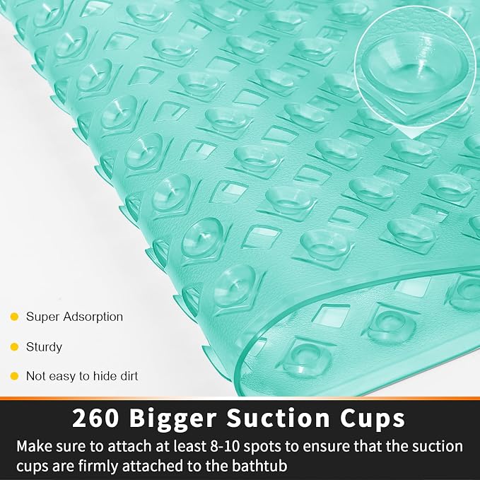 Yimobra Bathtub Mat Non Slip, 35"X16" Shower Mat with Strong Suction Cups&Drain Holes, Long Anti Slip Bath Tub Mat for Inside Shower, Machine Washable Fast Drying, Bathroom Essentials, Clear Green