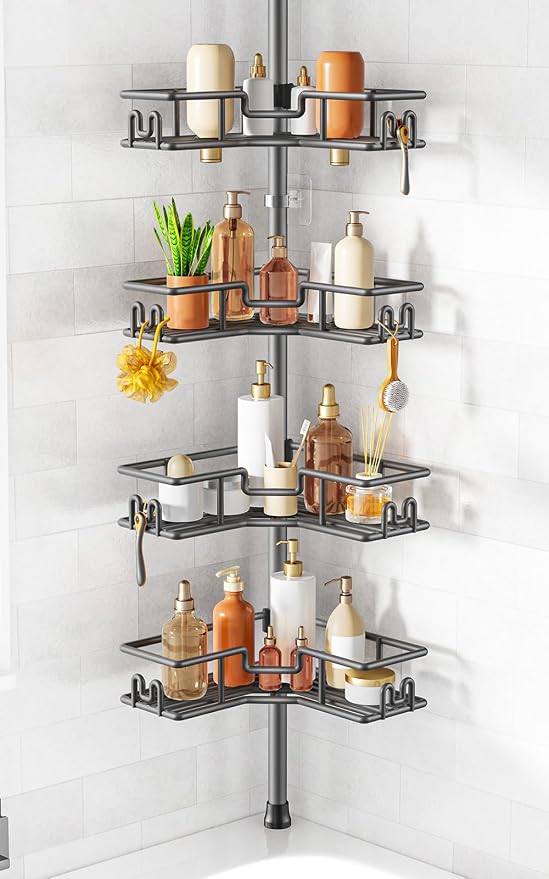 HAMITOR Adjustable 4-Tier Bathroom Storage: Corner Rustproof Shower Caddy Tension Pole - Floor-to-Ceiling Space-Saving Organizer - No Drill Tension Mounted Home Accessory Rack for Renters 47-123 Inch