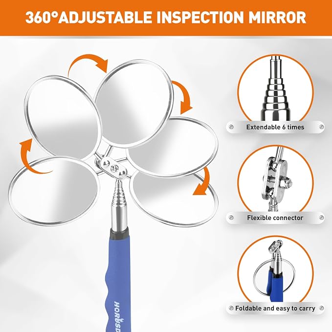 HORUSDY 4PCS Telescoping Magnetic Pick Up Tool Kit, Magnetic Sweepers Set with 360° Inspection Mirror, 2 Telescoping Magnetic Pickup Tools (5–25.6/6.9–29.5 in) & 24 in Flexible Claw Grabber