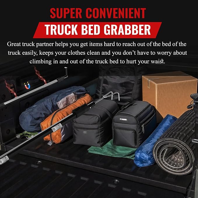 6.9 Ft Magnetically Mounted Truck Cargo Grabber Reach Tool, Lastest Telescoping Truck Bed Retriever Tool Magnetic, Multi-Use Pickup Truck Bed Accessories Truck Bed Reach Pole(2 Hooks 1 Mounted Plate)