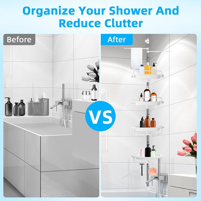 XLHOMO 32-122inch Corner Shower Caddy Tension Pole White, Rustproof Drill-Free Shower Shelves for Bathroom Bathtub Washbasin, Adjustable Shower Organizer with 4 Tier Patent Stable Shelves & Towel Bars